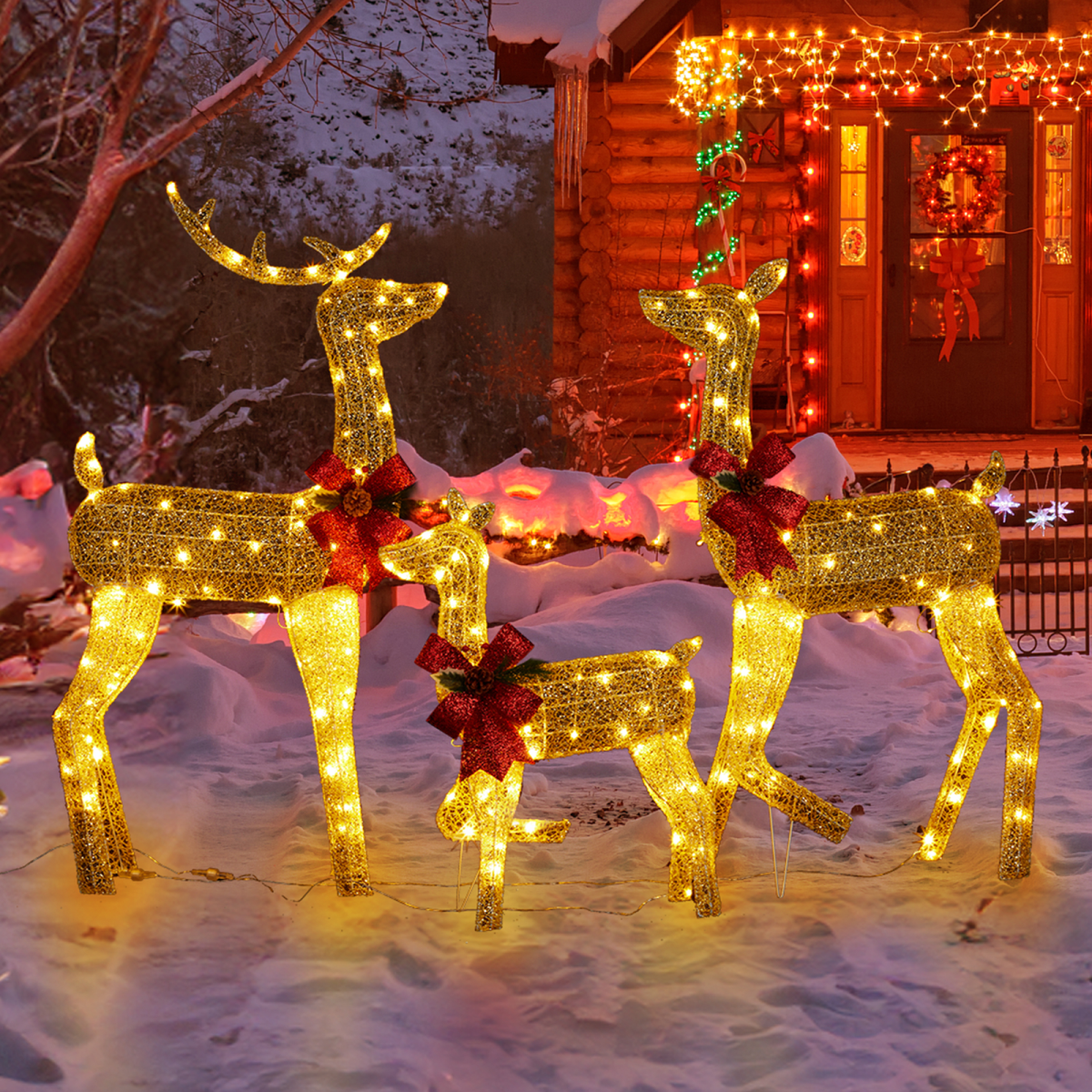 3-Piece Lighted Christmas Reindeer Family Set Outdoor Decorations, Weather Proof 2D Deer Family Set of 3 Christmas Ornament Home Decor Pre-lit 200 LED Warm White Lights with Stakes, Golden