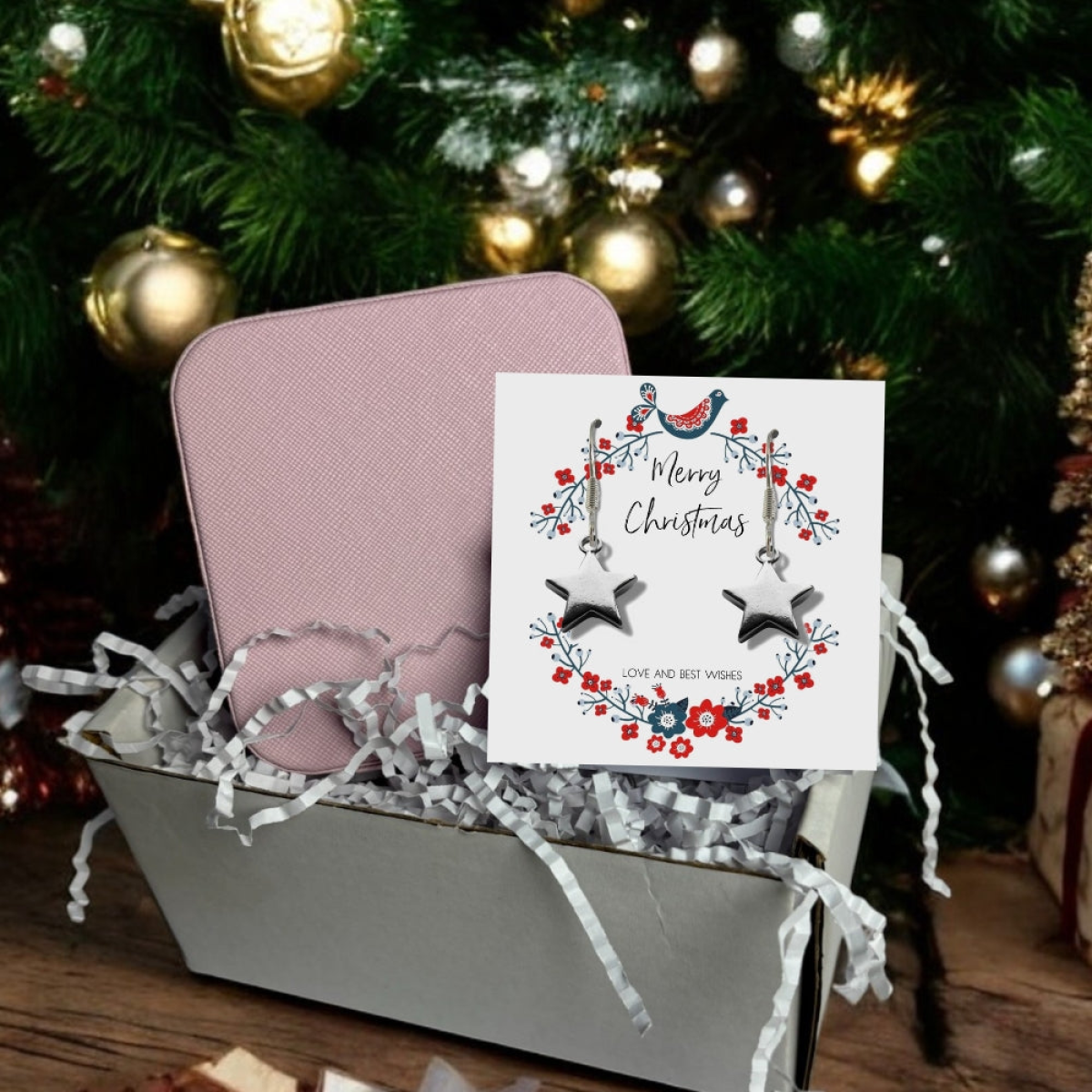 Christmas Star Gift Hamper - Silver Star Drop Earrings & Jewellery Box