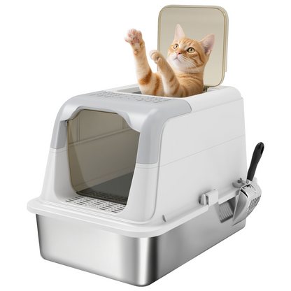 PawHut Stainless Steel Litter Box, Enclosed Metal Litter Tray with Scoop