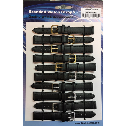 Leather Black Extra Long Watch Straps Pk10 size 14mm 1055.05