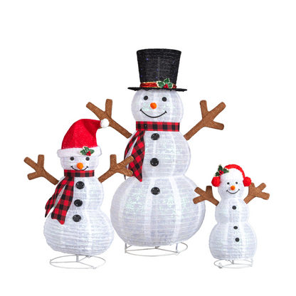 Set of 3 Lighted Snowman Family Christmas Yard Decorations, 60cm 90cm 120cm Pre-lit Pull Up Snowman with 270 White LEDs, for Xmas Outdoor Holiday Indoor Decor Lighted Holiday Displays