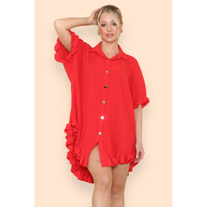 Over Sized Italian Gold Button Pleated Frill Ruffle TikTok Dress Top