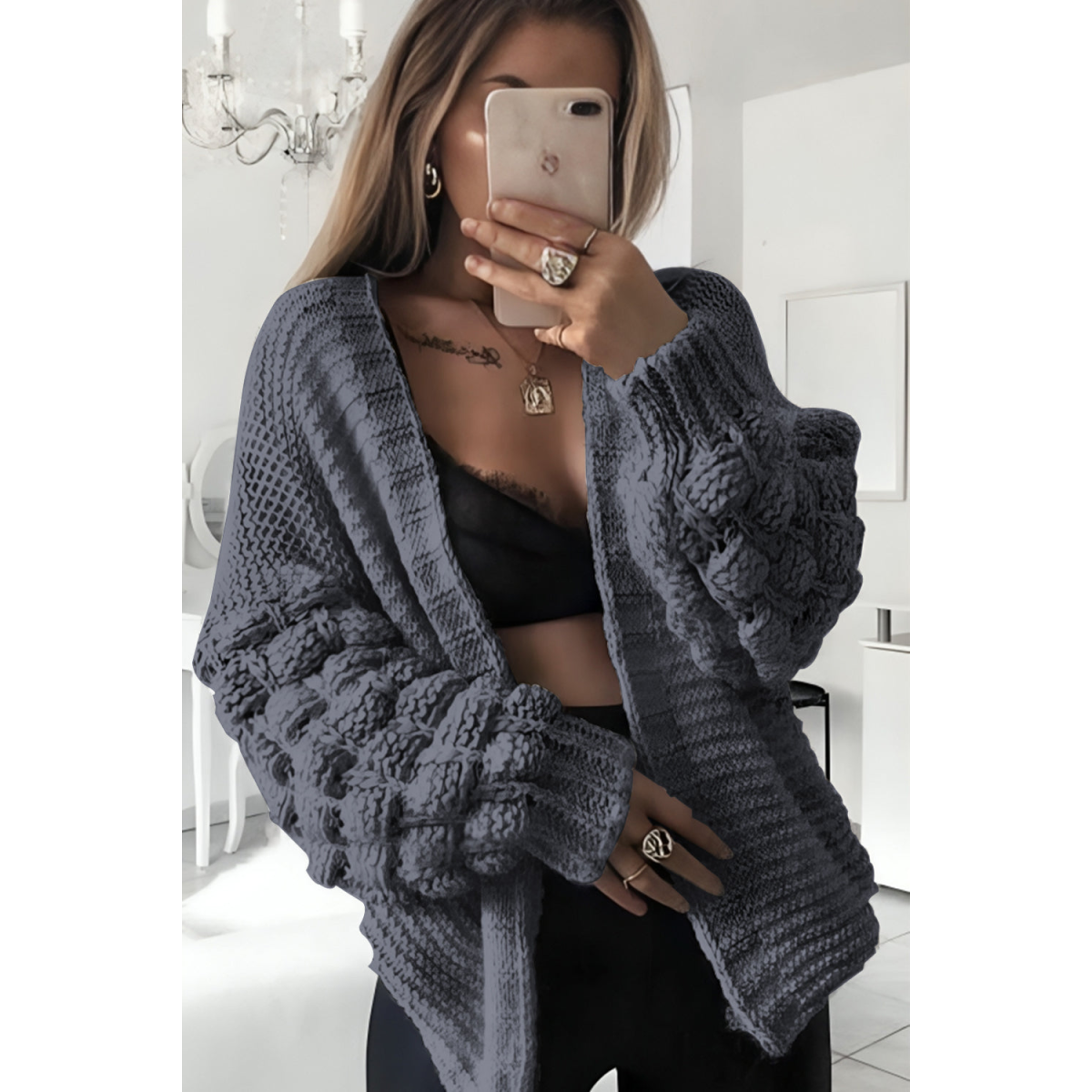 Bubble Sleeves Stylish Knitted Cardigan