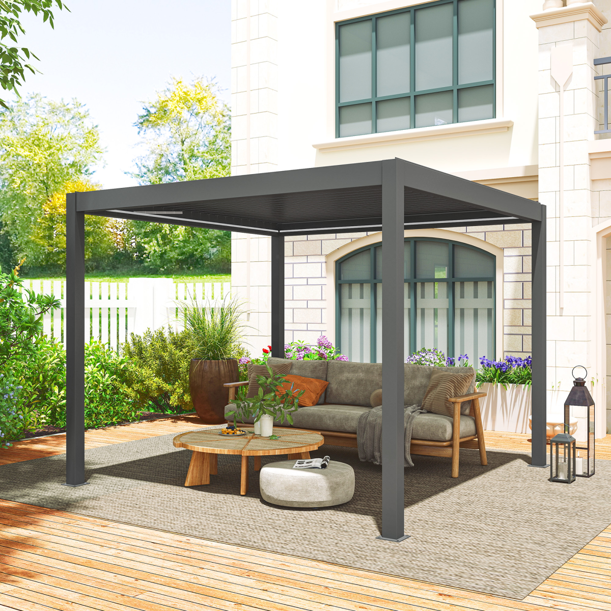Outsunny 3 x 3(m) Electric Louvered Pergola Aluminium Pergola w/ LED Light