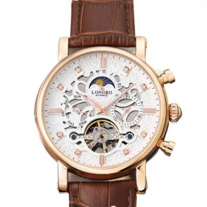 NY London Mens Automatic Hollow mechanical Dial Analogue Gold/Brown Leather Strap Watch