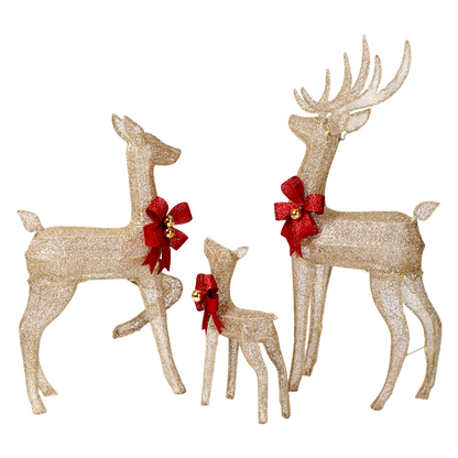 3-Piece Lighted Christmas Reindeer Family Set Outdoor Decorations, Weather Proof Sparkling Deer Family Set of 3 Christmas Ornament Home Decor Pre-lit 210 LED Warm White Lights, 4FT, Golden