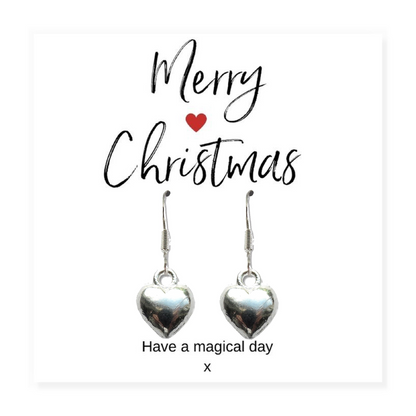 Puff Heart Drop Earrings & Merry Christmas Gift Card