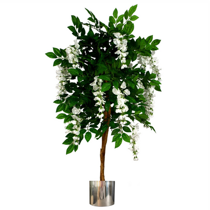 130cm Luxury Artificial Wisteria Tree White Flowers - Premium Range Silver Metal Planter
