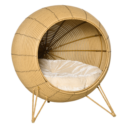 PawHut Wicker Cat Bed Elevated Rattan Kitten Basket Cozy Cave w/ Soft Cushion