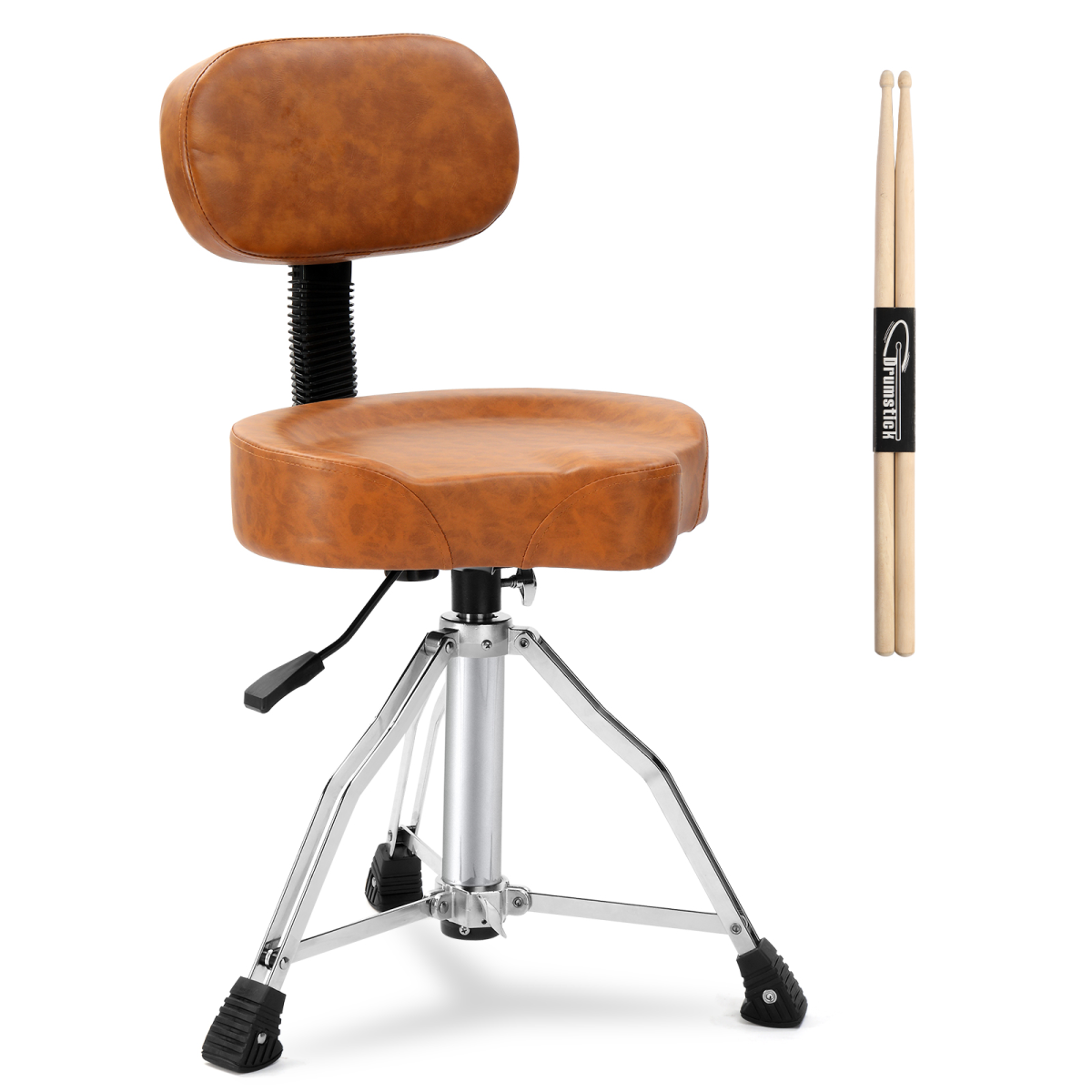 Drum Throne with Backrest, Hydraulic Drum Stool Adjustable Height, Heavy Duty Hydraulic Drum Seat Saddle Design for Drummers Brown