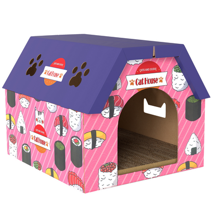 PawHut 2-in-1 Cat Scratching Board House with 4 Paw-Shaped Vents, Pink