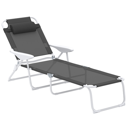 Outsunny Folding Sun Lounger with 4-Level Backrest & Headrest, Charcoal Grey