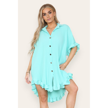 Over Sized Italian Gold Button Pleated Frill Ruffle TikTok Dress Top