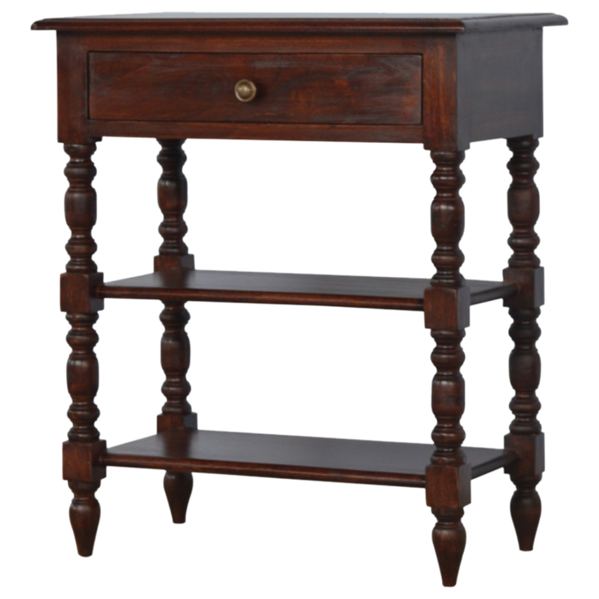 Artisan Furniture Solid Wood Turned Occasional Table, 1 Drawer and 2 Shelves, Dark Brown