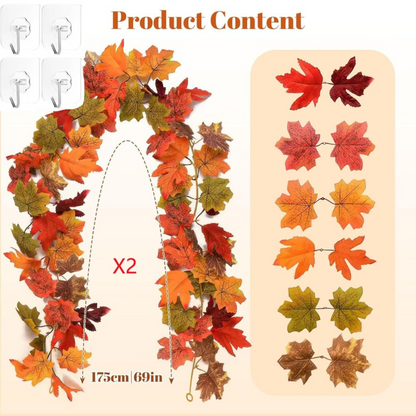Halloween Christmas 6FT Autumn Fall Maple Leaves Wreath Garland Hanging Plant
