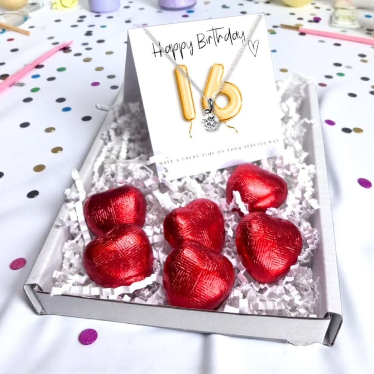 16th Birthday Cubic Zirconia Necklace & Gold Balloons Mini Hamper