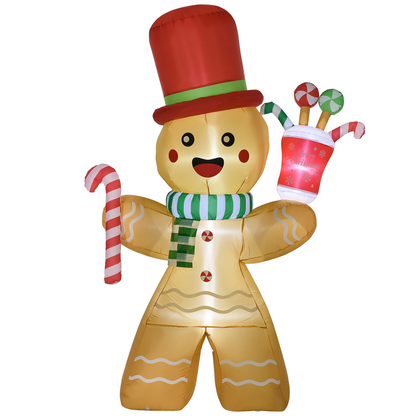 HOMCOM 7.5FT Christmas Inflatables Gingerbread Man with Candy Cane LED Lights