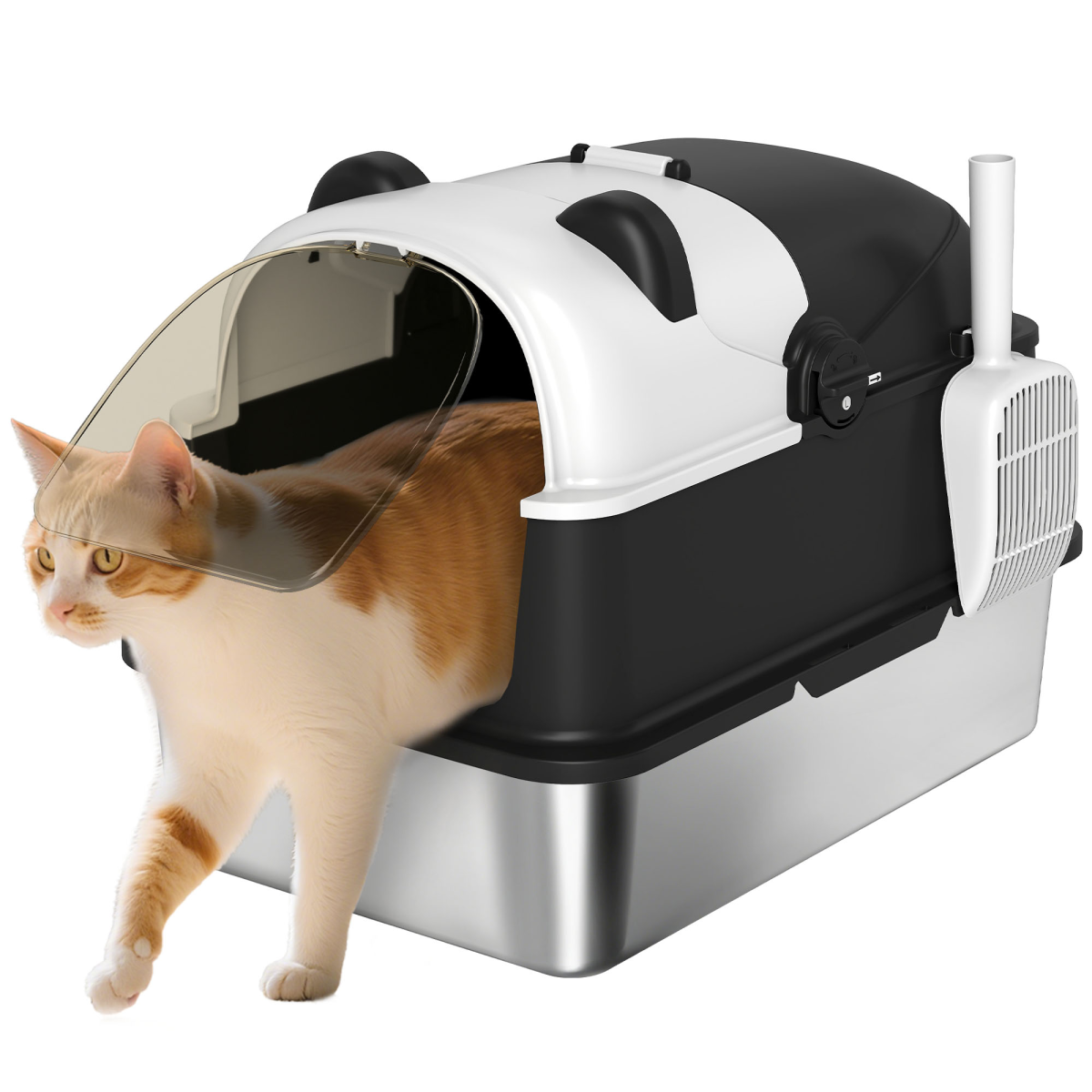 PawHut XL Stainless Steel Litter Box Tray with Lid, Panda Style