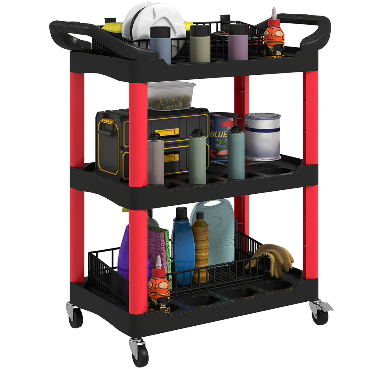 HOMCOM 3-Tier Rolling Tool Cart, Tool Trolley on Wheels for Garage, Black