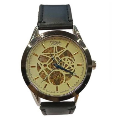 NY London Mens Automatic Dial Analogue Silver/Black Leather Strap Watch