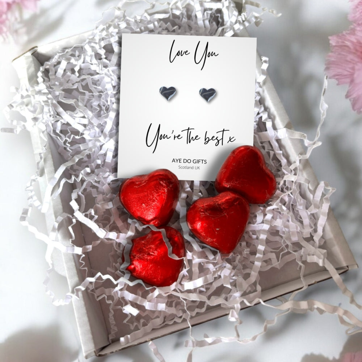 Silver Heart Stud Earrings & Love You You're the Best x Mini Gift Hamper