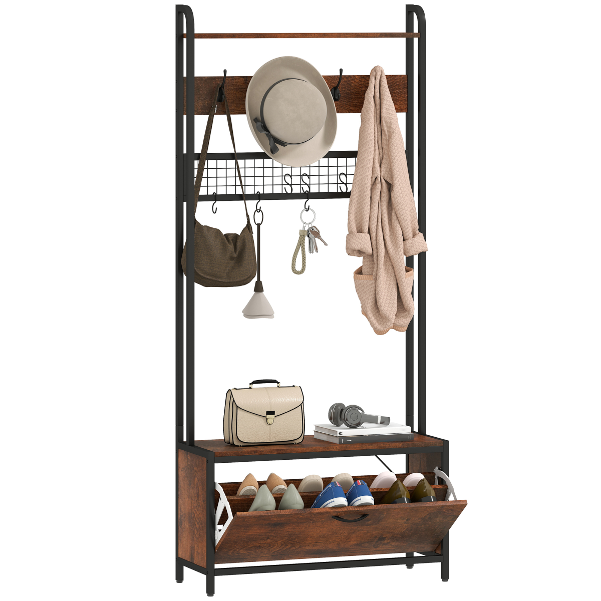 HOMCOM Industrial Hall Tree Coat Rack Stand with Shoe Cabinet Grey