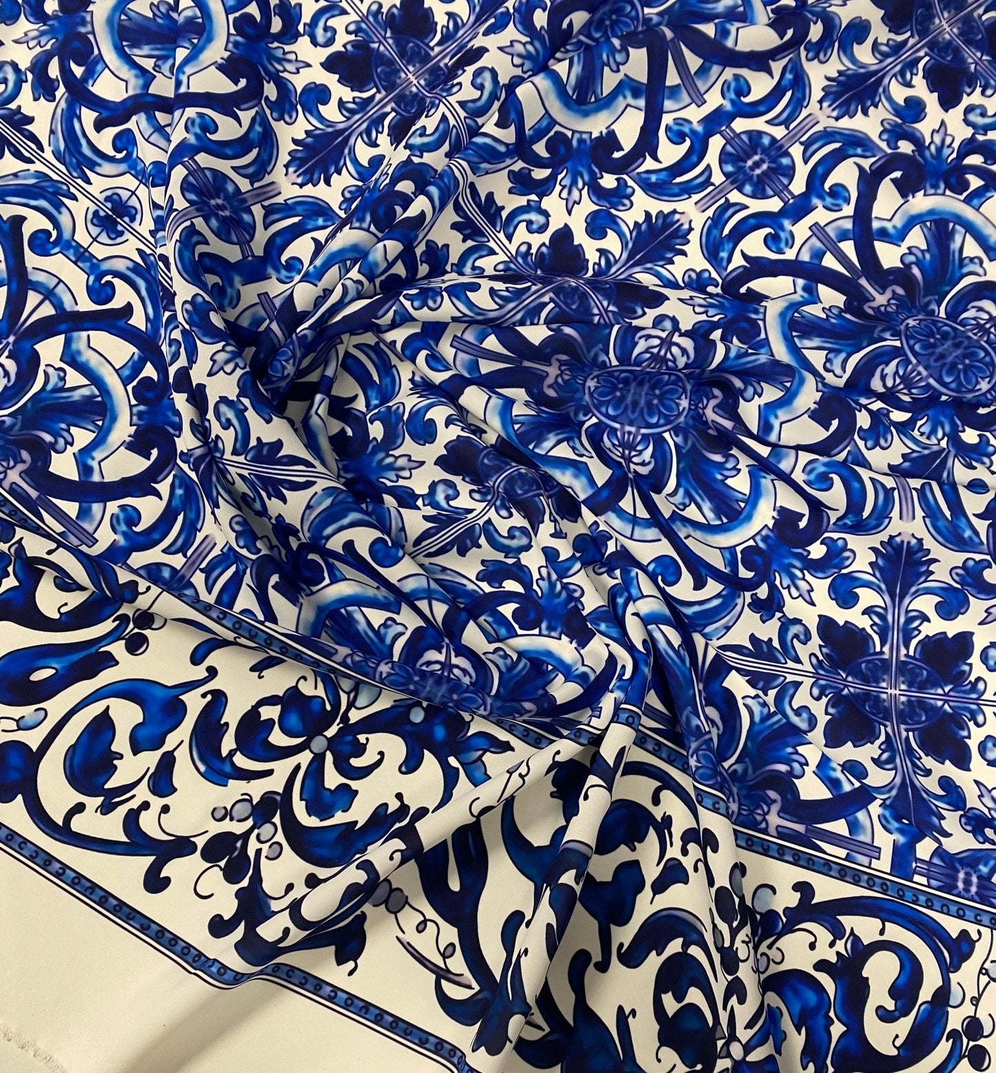 Majolica Blue White Swirl Fabric – Fabric by Metre, Multiple Options for Sewing & Dressmaking