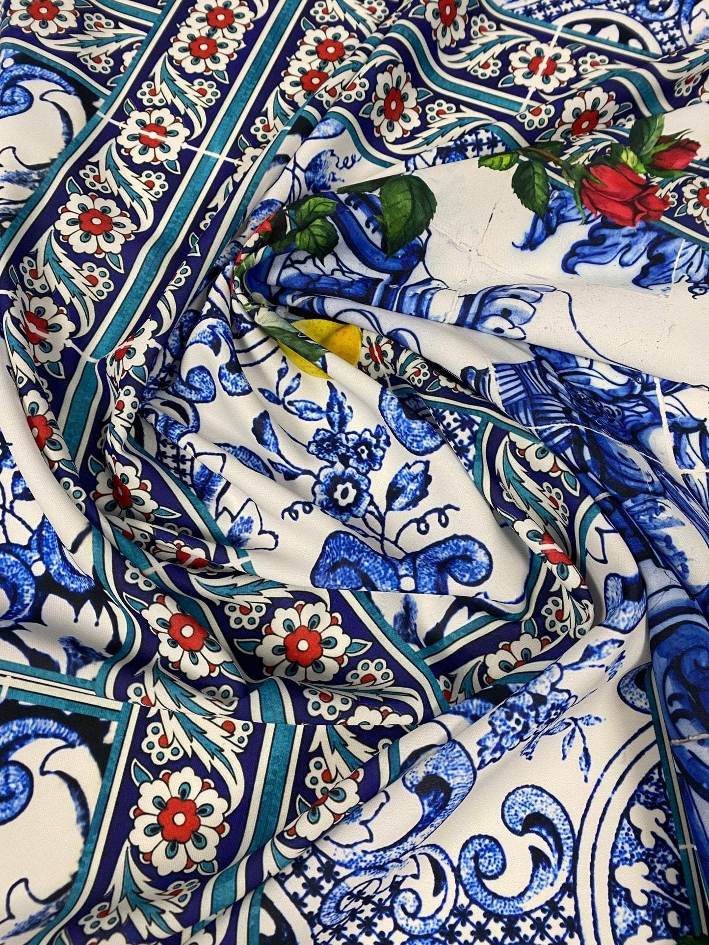 Majolica Mosaic Pattern Italian Tile Fabric – Custom Printed Fabric on Satin, Crepe, Spandex or Chiffon