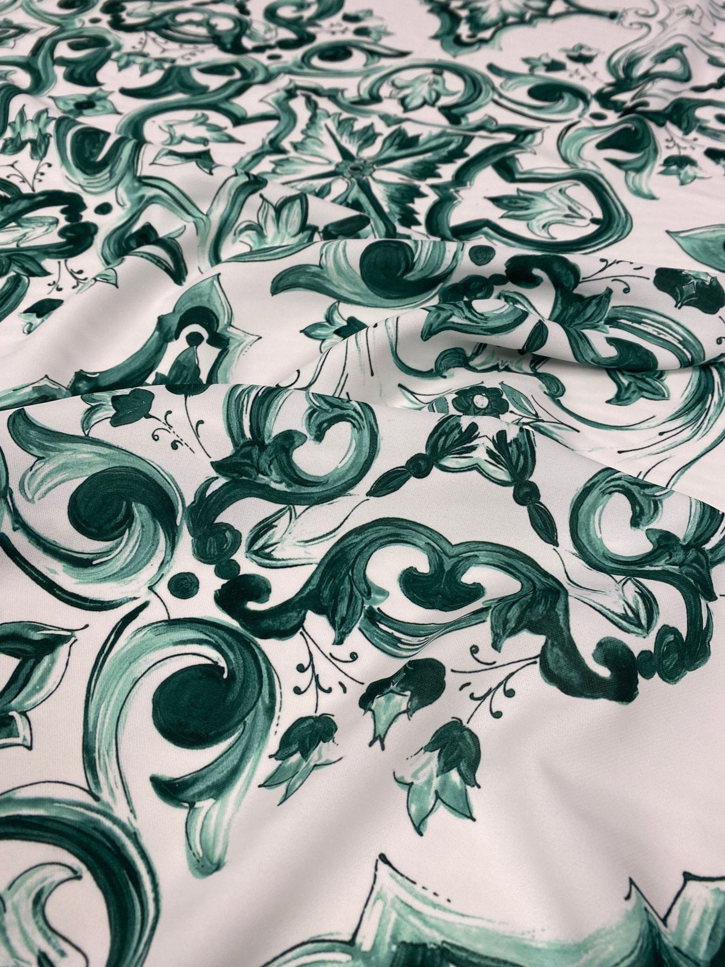Majolica Pattern Green and White Fabric