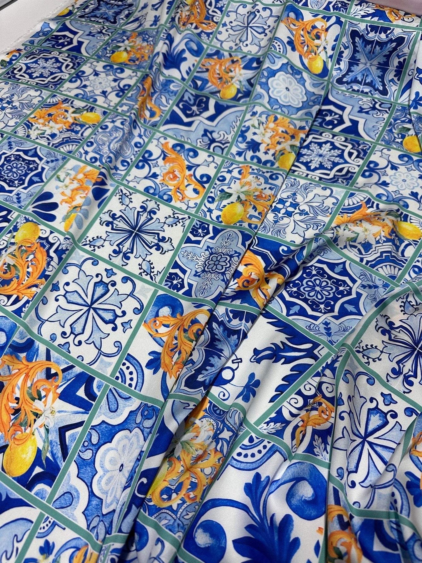 Majolica Lemons Luxury Fabric – Fabric by Metre, Multiple Options for Sewing & Dressmaking