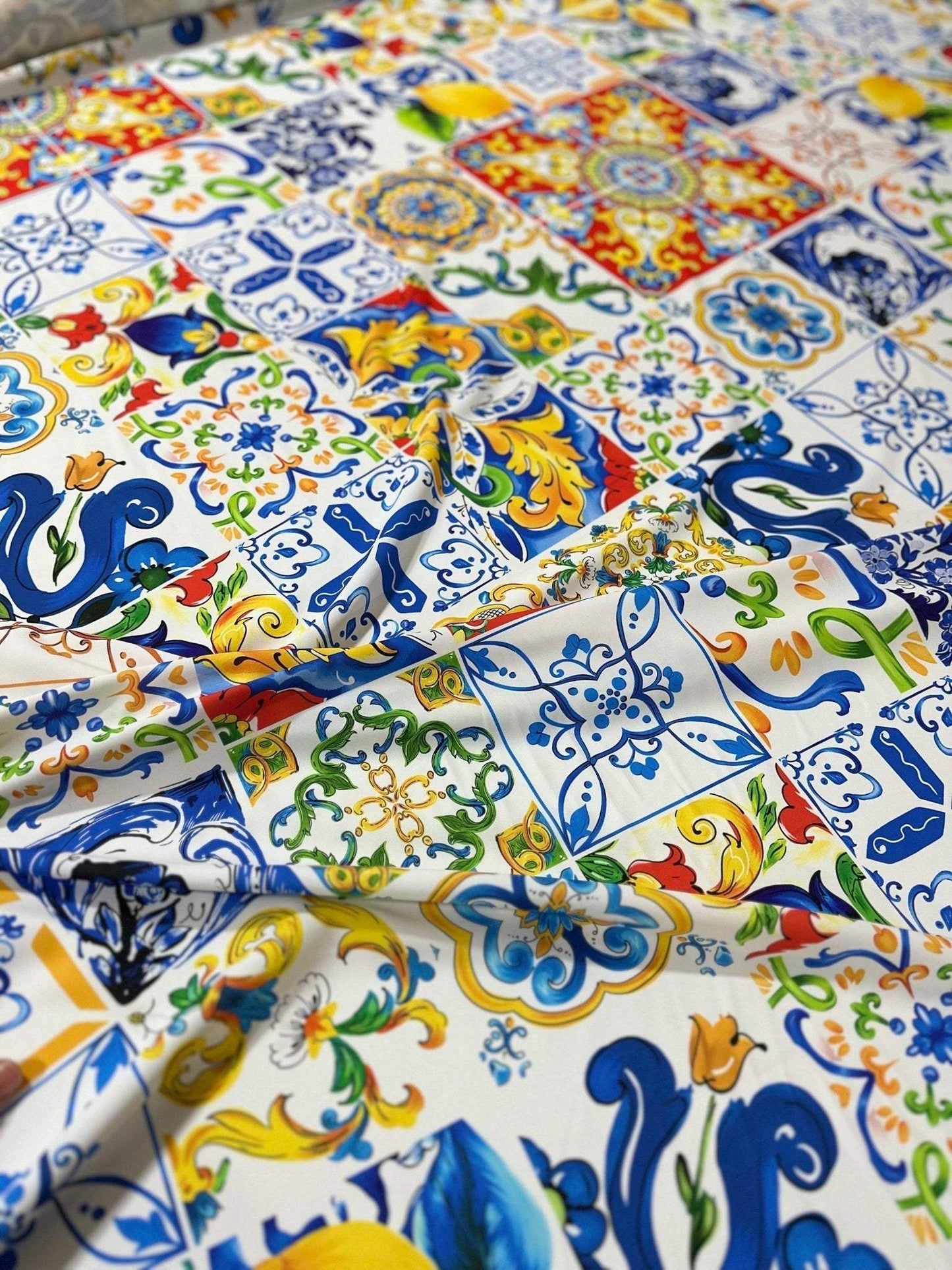 Luxury Majolica Pattern Fabric – Fabric by Metre, Options: Satin, Crepe, Spandex, Chiffon