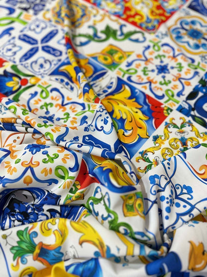 Luxury Majolica Pattern Fabric – Fabric by Metre, Options: Satin, Crepe, Spandex, Chiffon