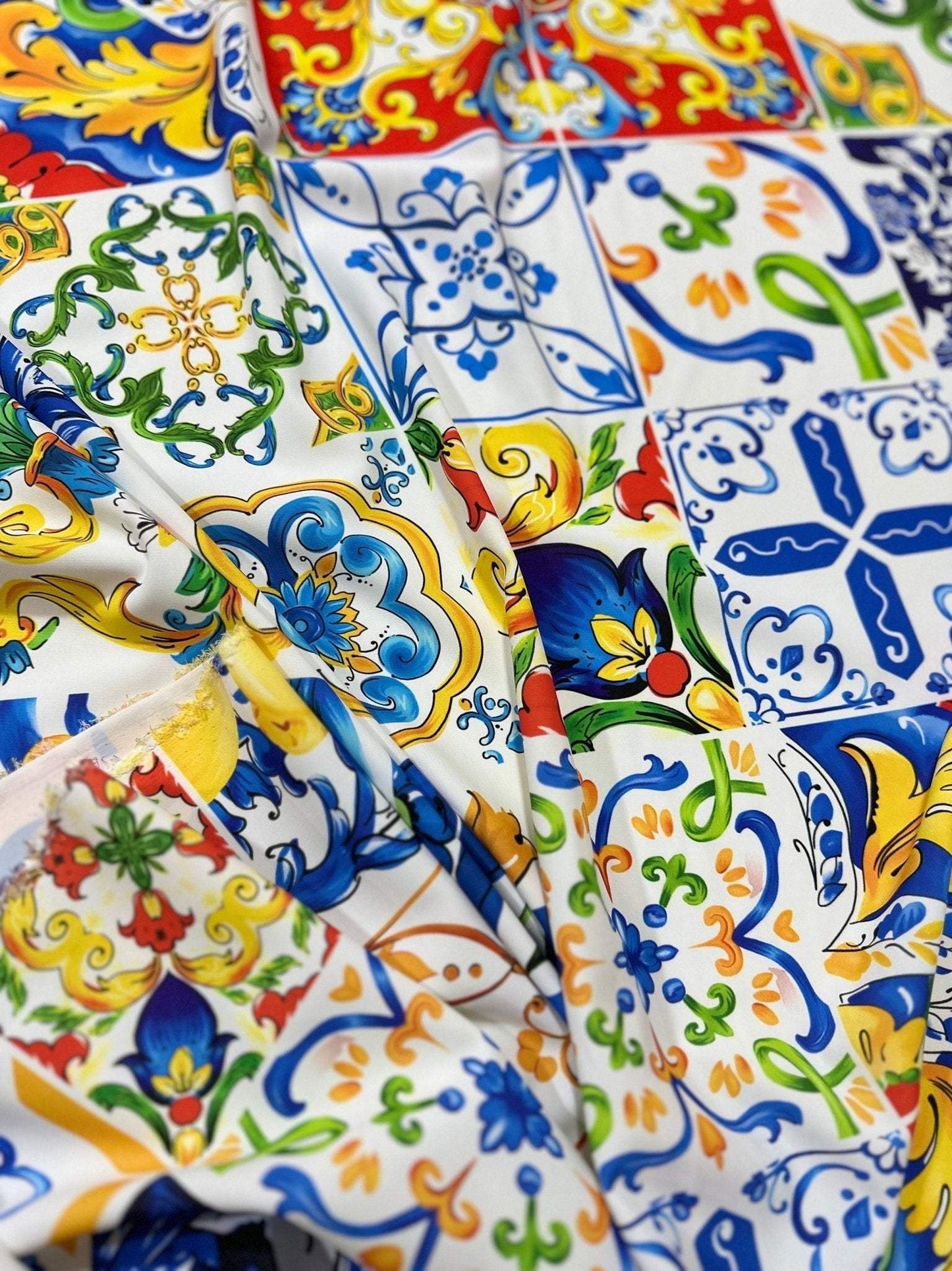 Luxury Majolica Pattern Fabric – Fabric by Metre, Options: Satin, Crepe, Spandex, Chiffon