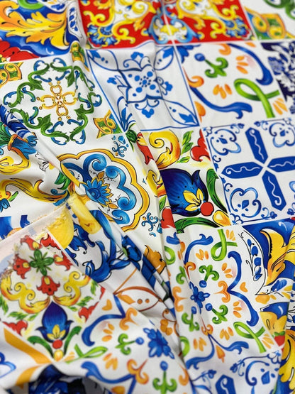 Luxury Majolica Pattern Fabric – Fabric by Metre, Options: Satin, Crepe, Spandex, Chiffon