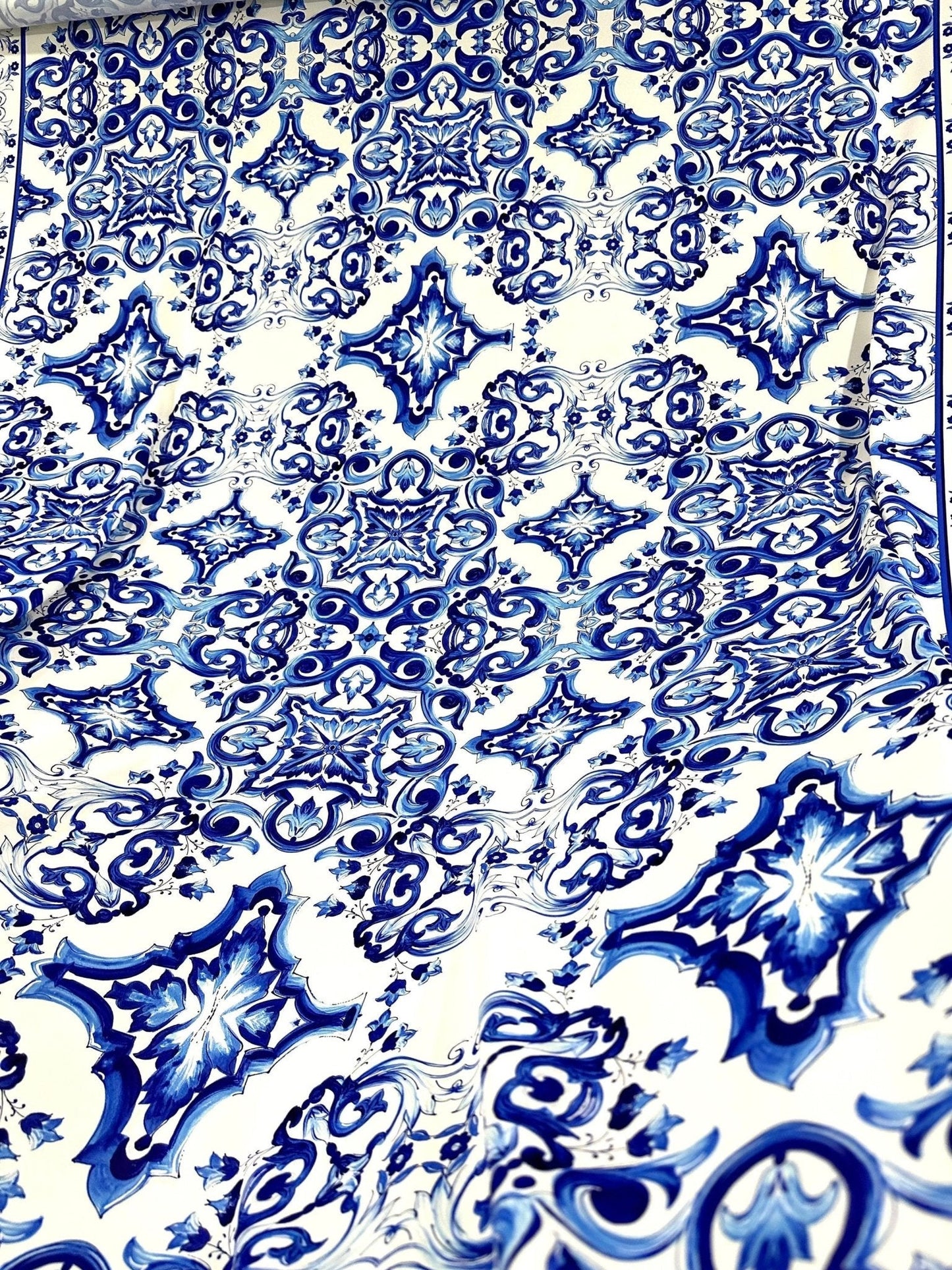 Blue and White Majolica Tile Print Fabric