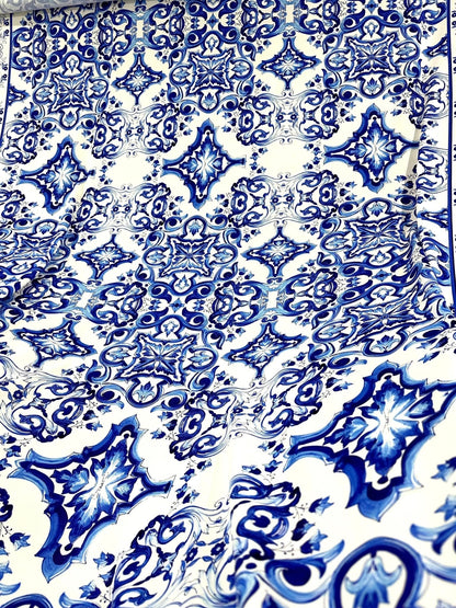 Blue and White Majolica Tile Print Fabric