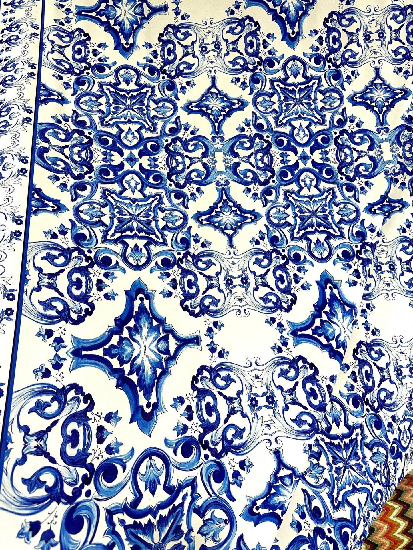 Blue and White Majolica Tile Print Fabric