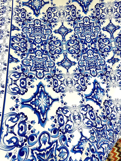 Blue and White Majolica Tile Print Fabric