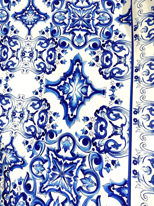 Blue and White Majolica Tile Print Fabric