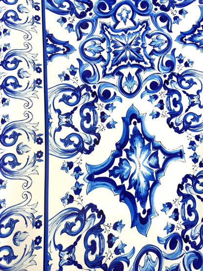 Blue and White Majolica Tile Print Fabric