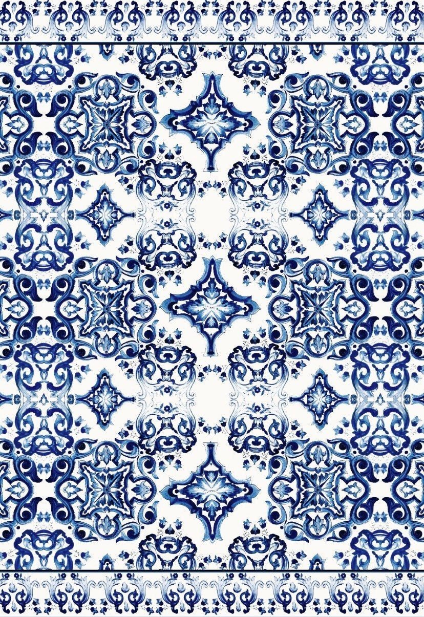 Blue and White Majolica Tile Print Fabric