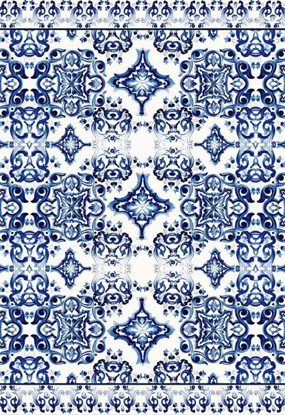 Blue and White Majolica Tile Print Fabric