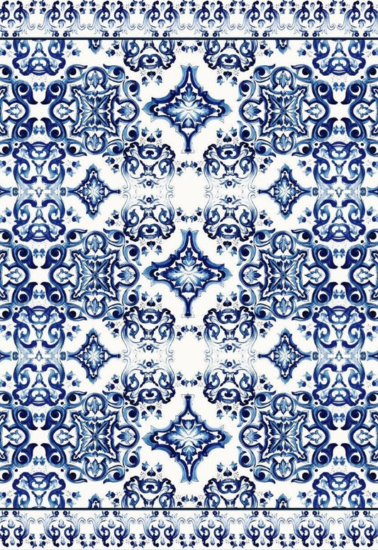 Blue and White Majolica Tile Print Fabric