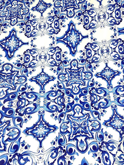 Blue and White Majolica Tile Print Fabric