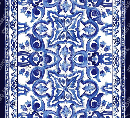 Blue and White Baroque Floral Print Fabric