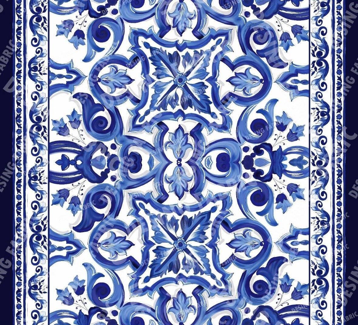 Blue and White Baroque Floral Print Fabric – Fabric by Metre, Multiple Options for Sewing & Dressmaking