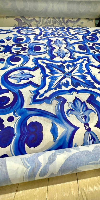 Blue and White Baroque Floral Print Fabric