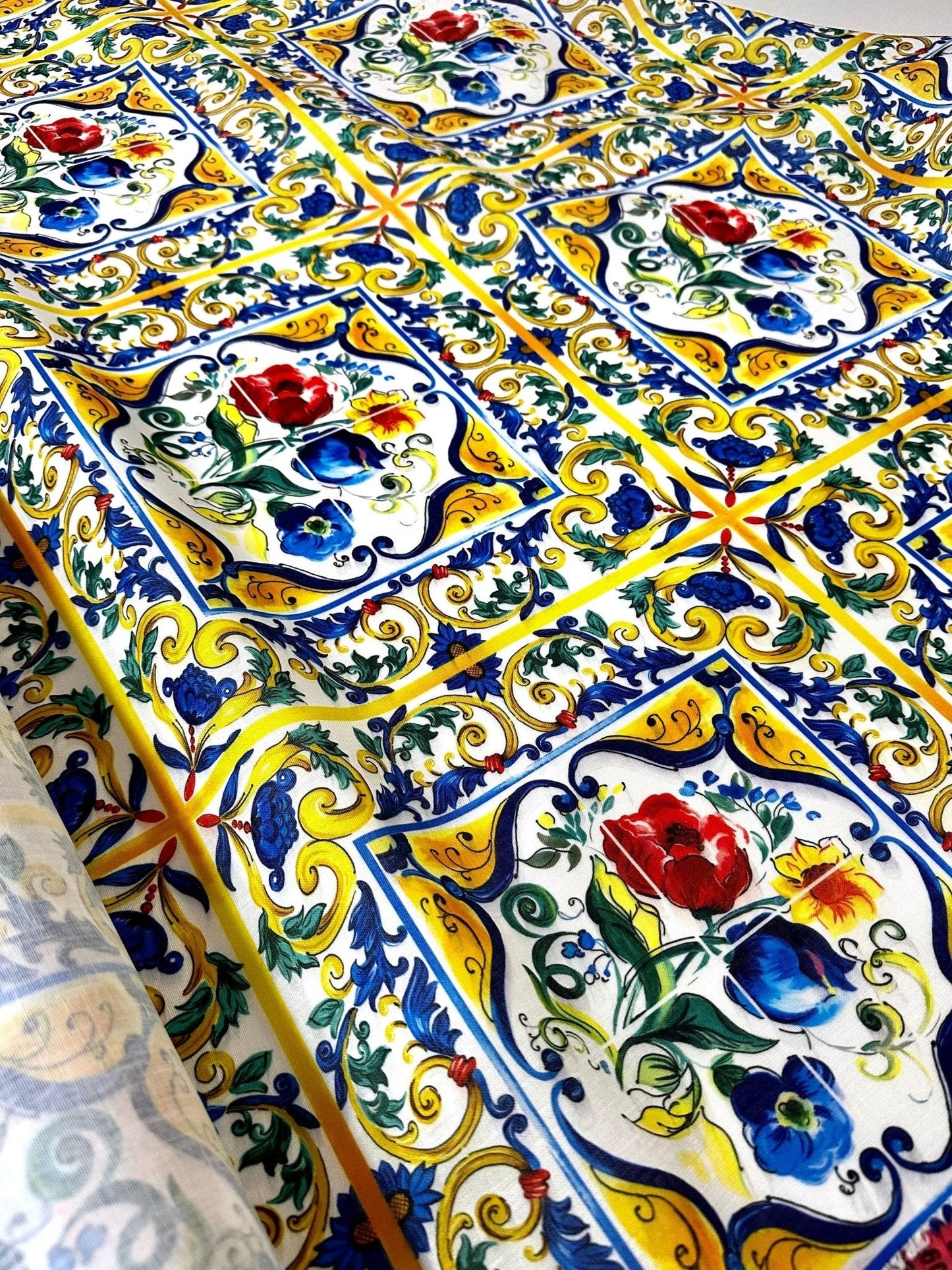 Blue and Yellow Floral Majolica Pattern Fabric