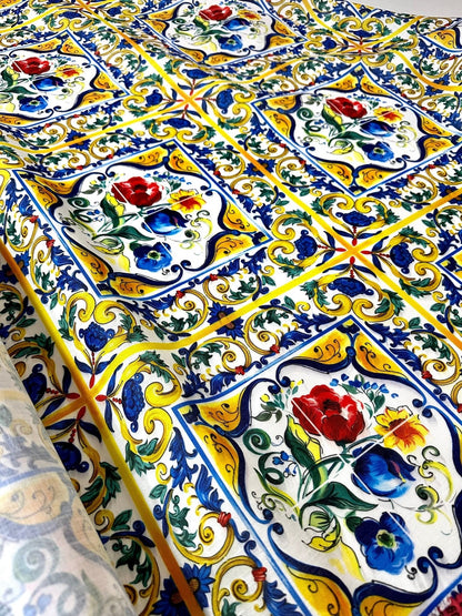 Blue and Yellow Floral Majolica Pattern Fabric