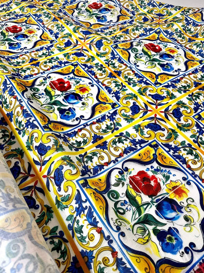 Blue and Yellow Floral Majolica Pattern Fabric – Multiple Fabric Options, Sold by Metre